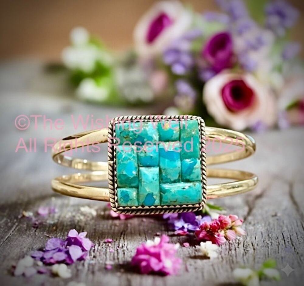 Kingman Turquoise | Grid Inlay Mosaic Square | Cuff Bracelet Size 6-8
